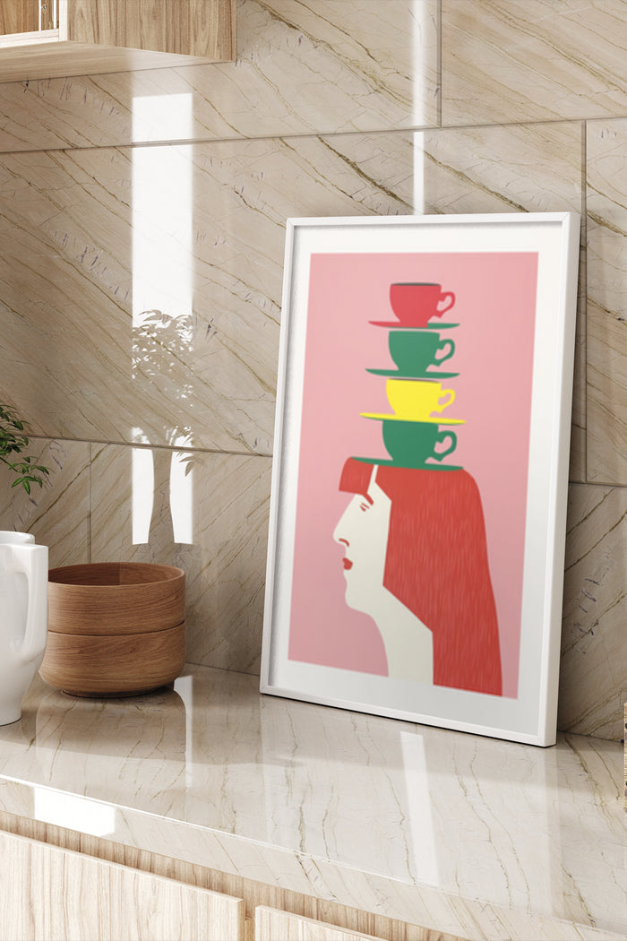 Modern minimalist poster design with stacked colorful coffee cups on woman's head in a stylish interior