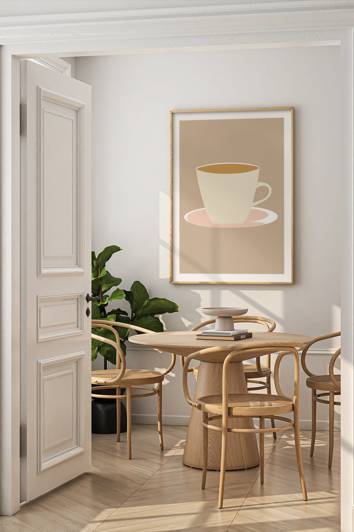Modern minimalist coffee cup poster in a bright dining room setting with wooden furniture and plants