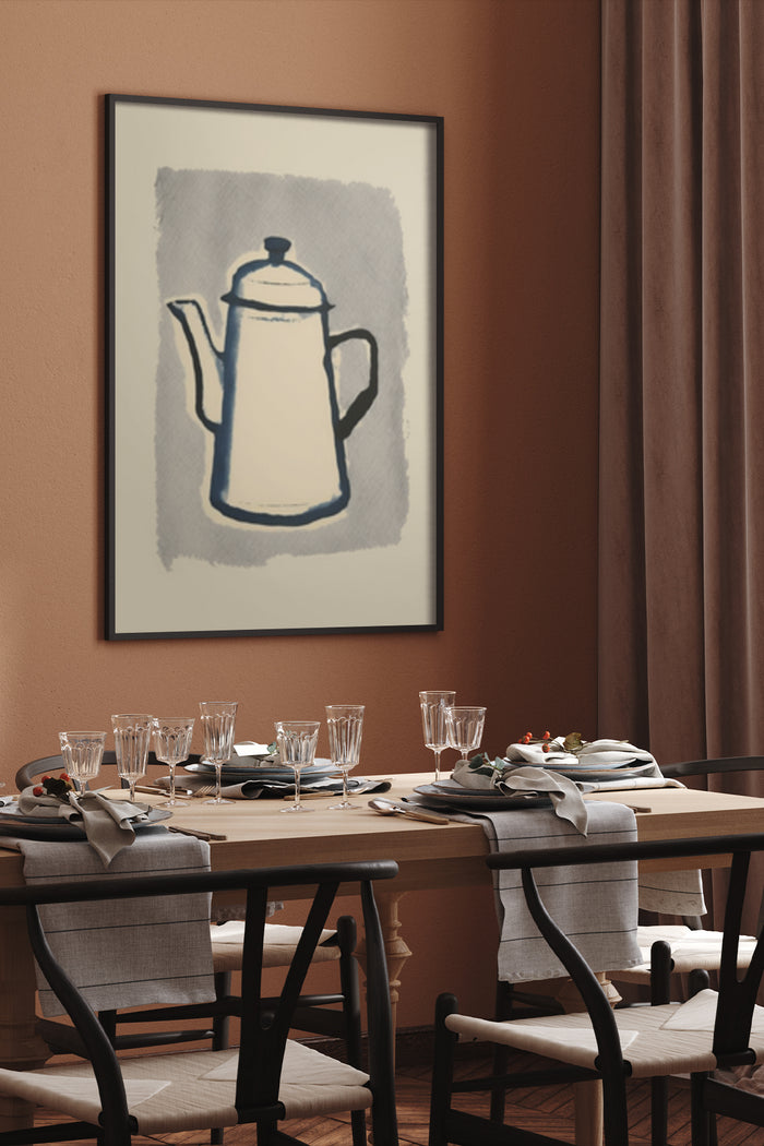 Modern minimalist coffee pot painting in a sophisticated dining room setting