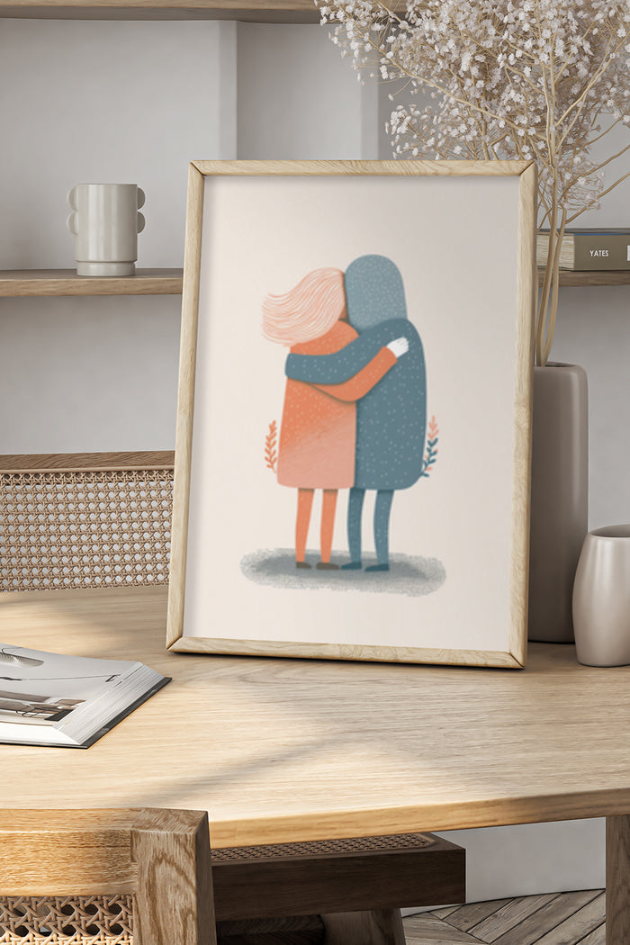 Modern Minimalist Couple Embrace Illustration Art Poster in Wooden Frame