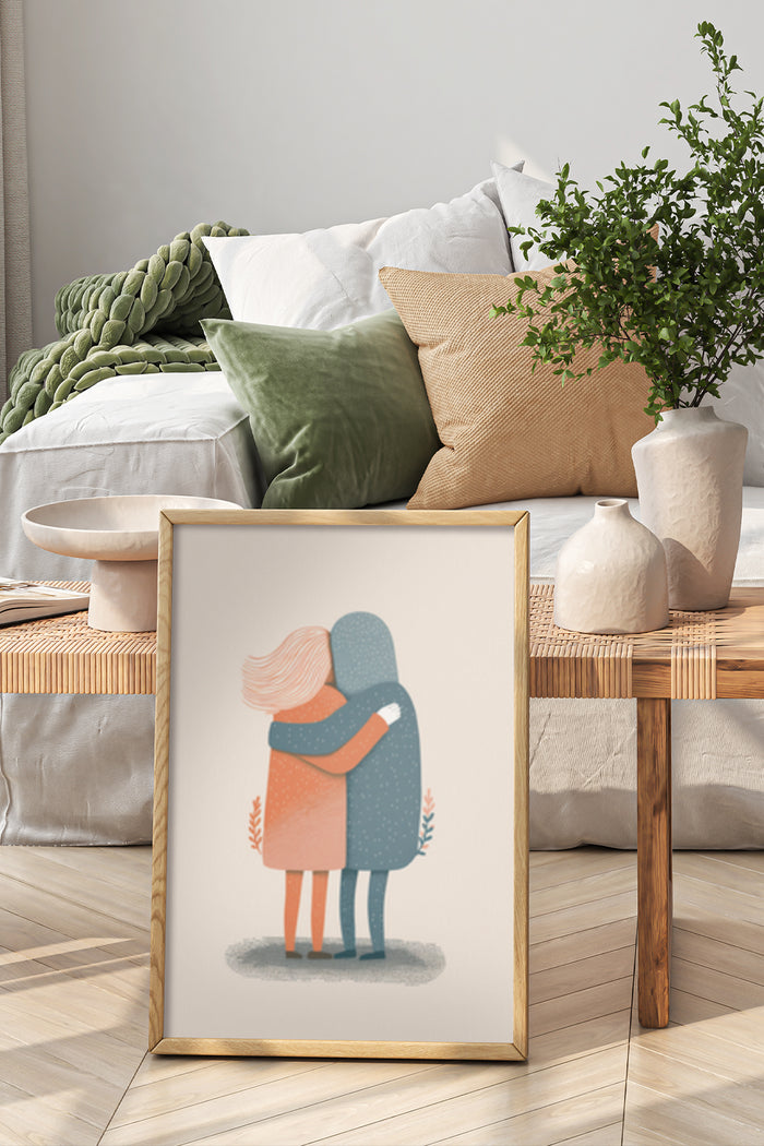 Stylish bedroom interior with modern minimalist poster of a couple embracing