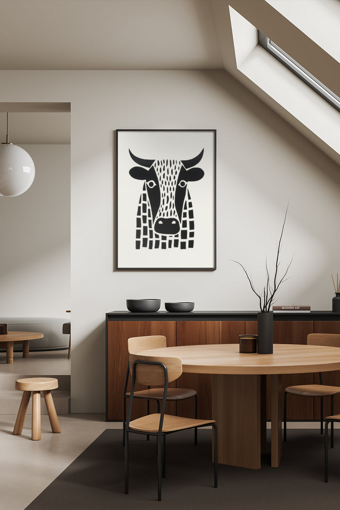 Contemporary dining room with black and white minimalist cow design poster framed on wall