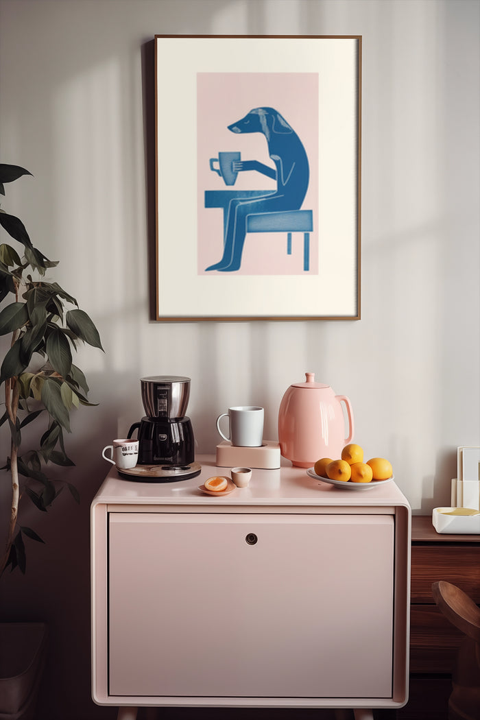 Modern minimalist poster of a dog sitting at the table drinking coffee in a stylish home kitchen setting