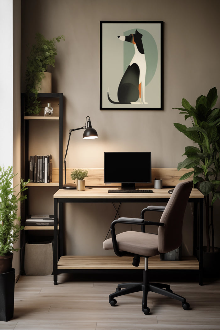 Modern minimalist style poster of a dog in a stylish home office interior