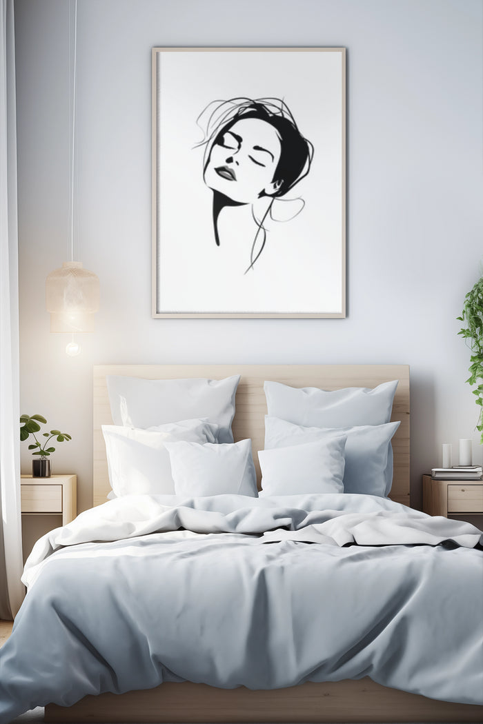 Modern minimalist black and white female sketch poster in a contemporary bedroom setting