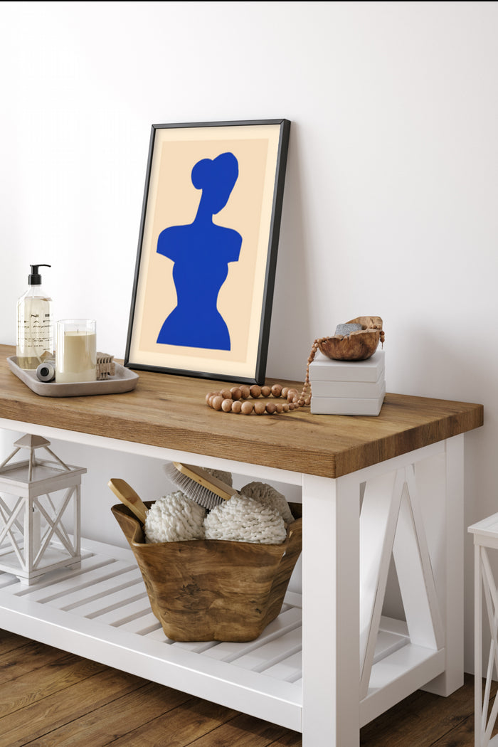 Modern Minimalist Blue Figure Silhouette Poster in Stylish Home Interior