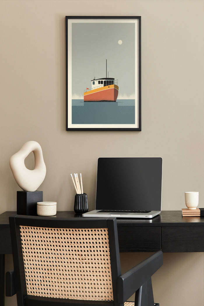 Modern minimalist fishing boat poster in a home office setting with laptop and abstract sculpture