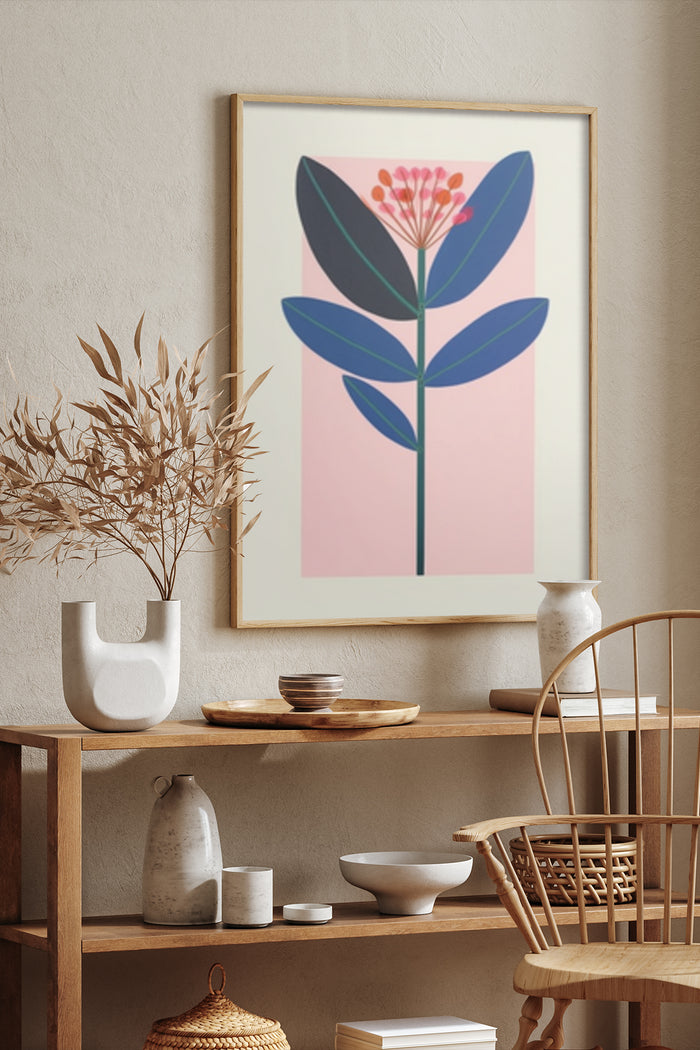 Contemporary minimalist floral poster art framed on a wall in a stylish interior with decorative items