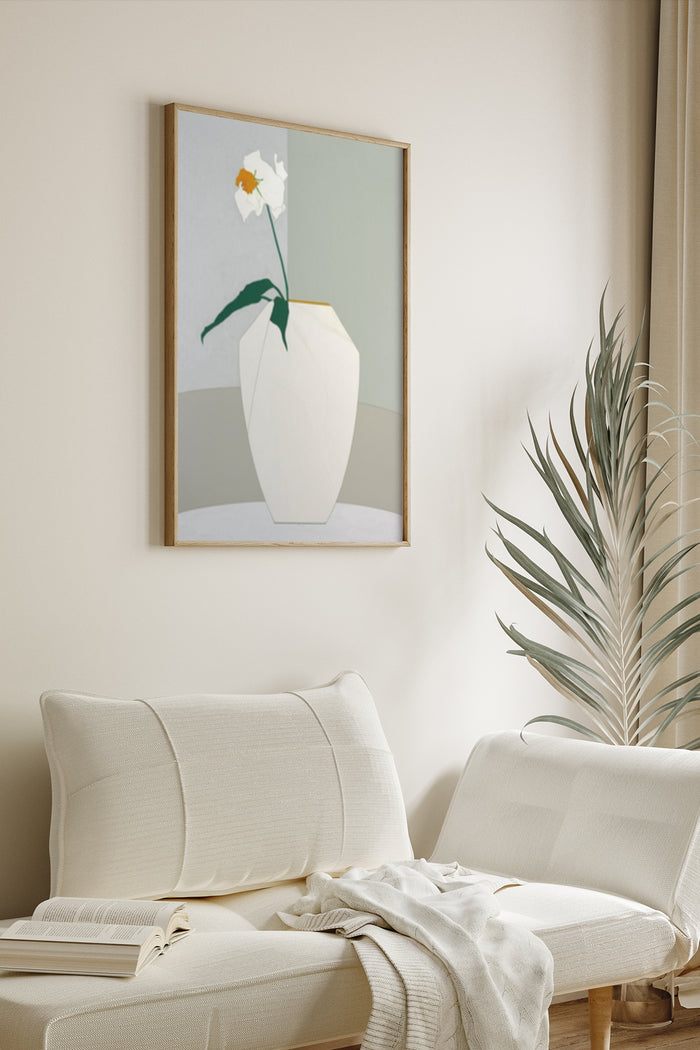 Modern minimalist artwork with white flower in vase poster on a home living room wall
