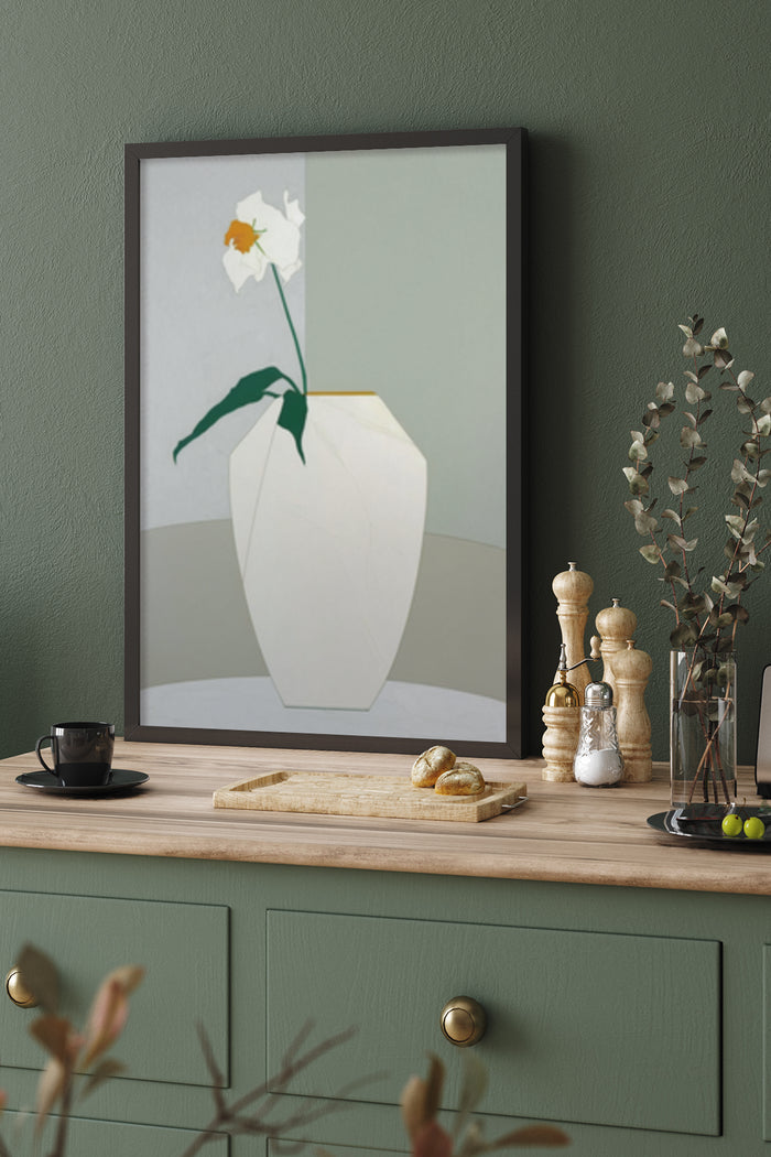 Modern minimalist artwork of a white flower in a vase as kitchen interior decor