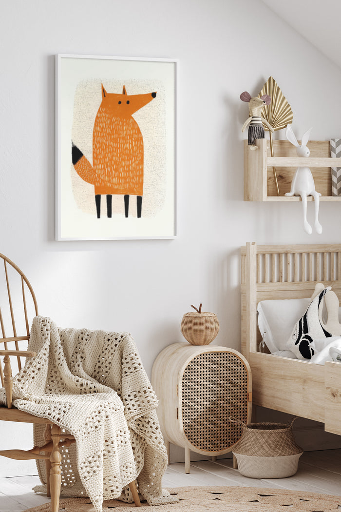 Contemporary minimalist illustration of a fox, framed poster on white wall in a stylish living room setting with natural wooden furniture and cozy crochet blanket