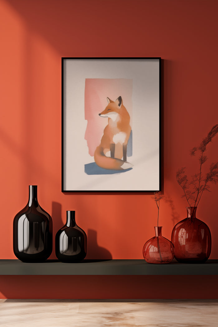Contemporary minimalist fox illustration poster framed on a red wall above a shelf with decorative vases