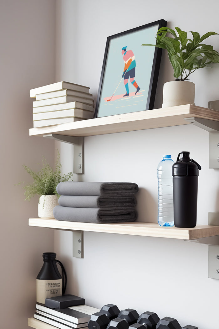 Stylish modern minimalist golf poster in a home interior setting on a shelf with decorative items