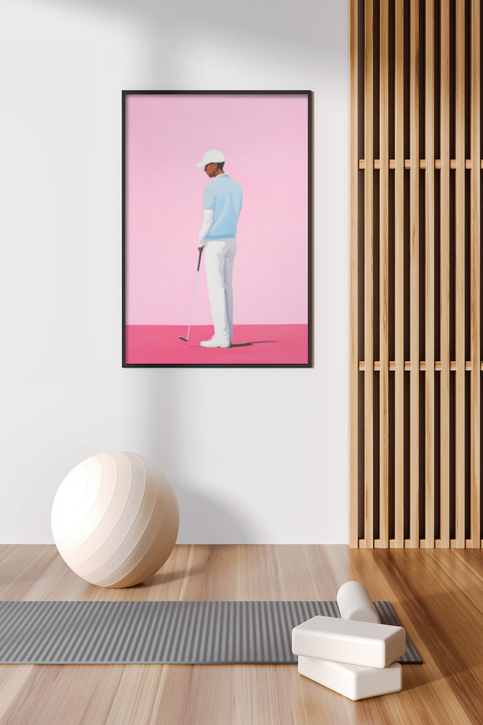 Contemporary minimalist poster of a golfer on a pink background in a stylish room setting
