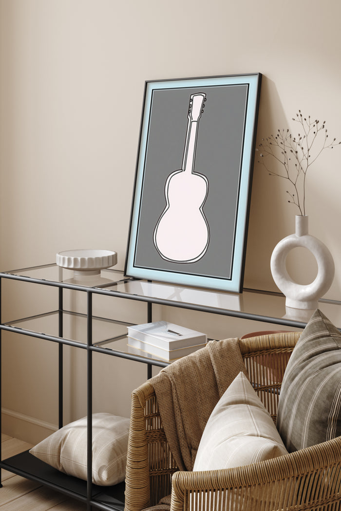 Modern minimalist guitar art poster in a stylish home interior setting