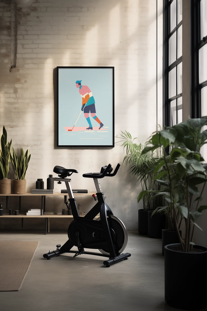 Abstract minimalist style poster of a hockey player displayed above an exercise bike in an elegant home gym