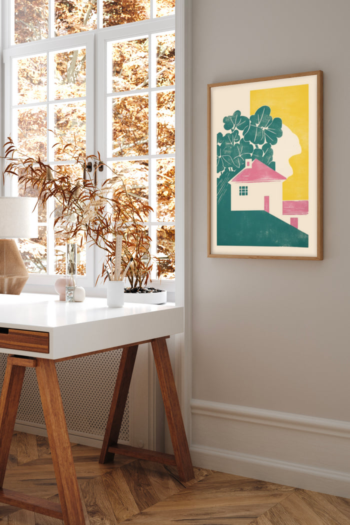 Modern minimalist interior with house and plant silhouette poster art on wall
