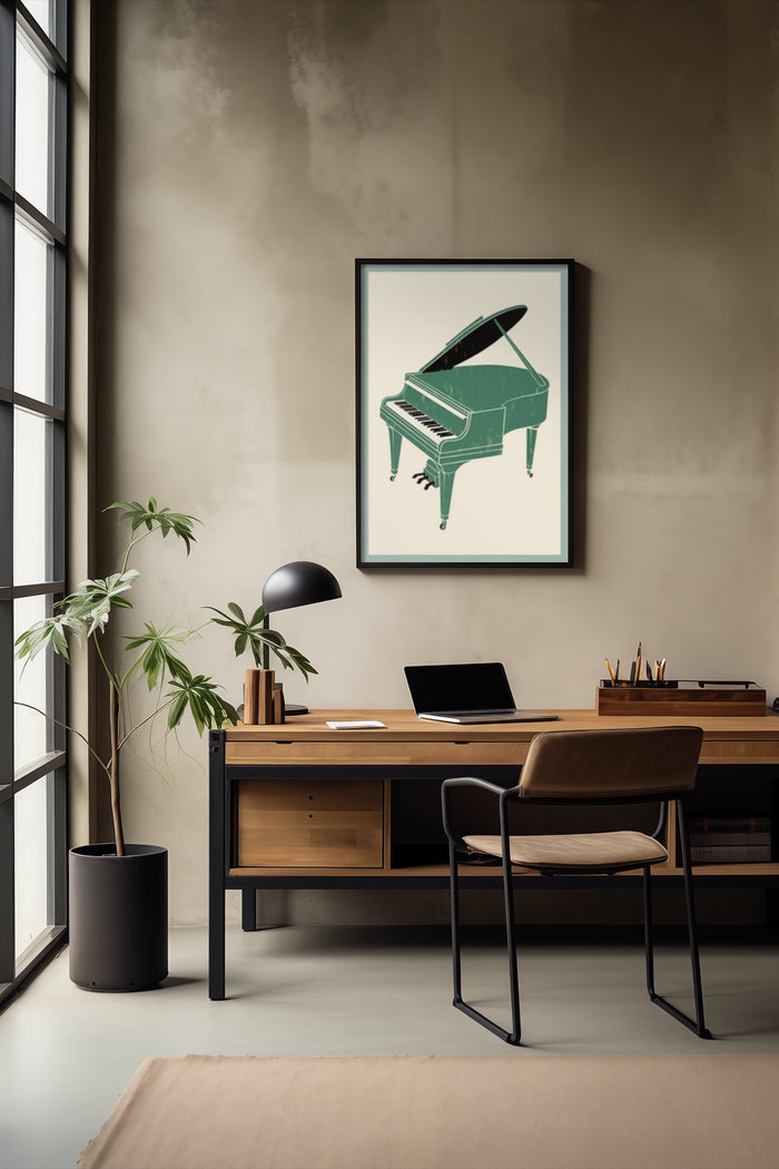 Stylish home office with minimalist grand piano artwork in framed poster, featuring mid-century modern desk and decor
