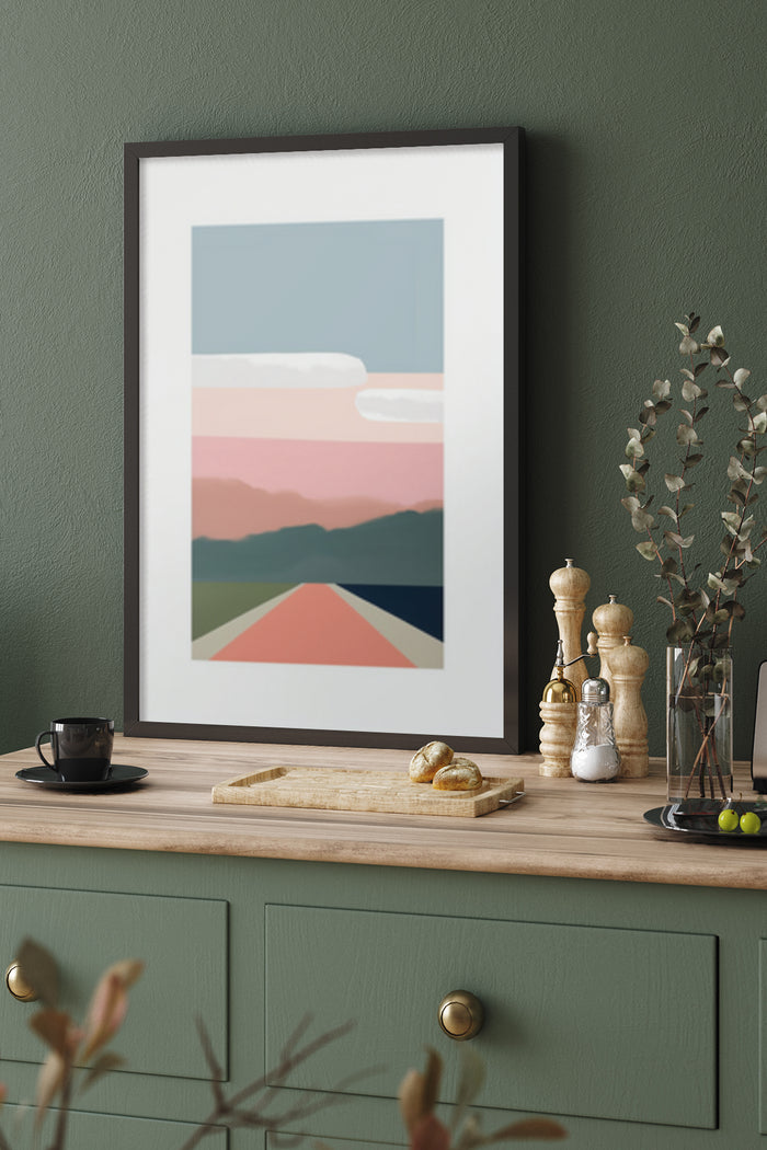 Modern minimalist landscape poster in a stylish interior setting