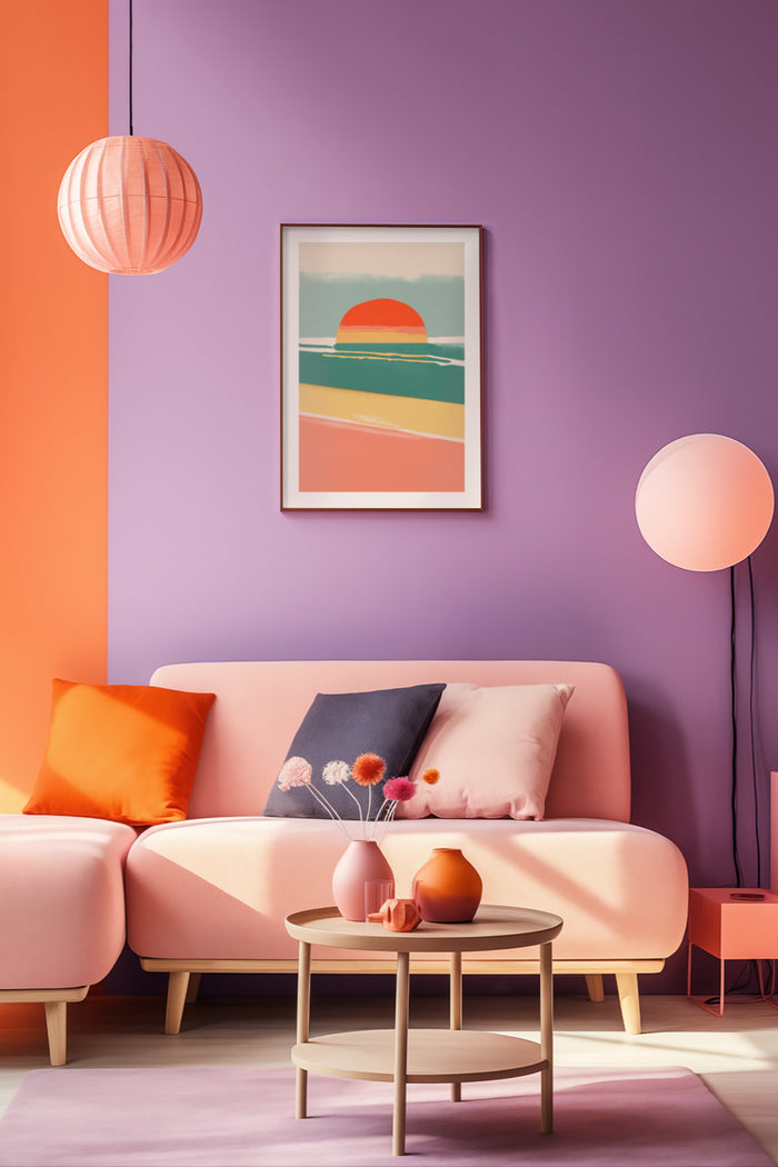 Modern minimalist living room with colorful abstract sunset wall art poster