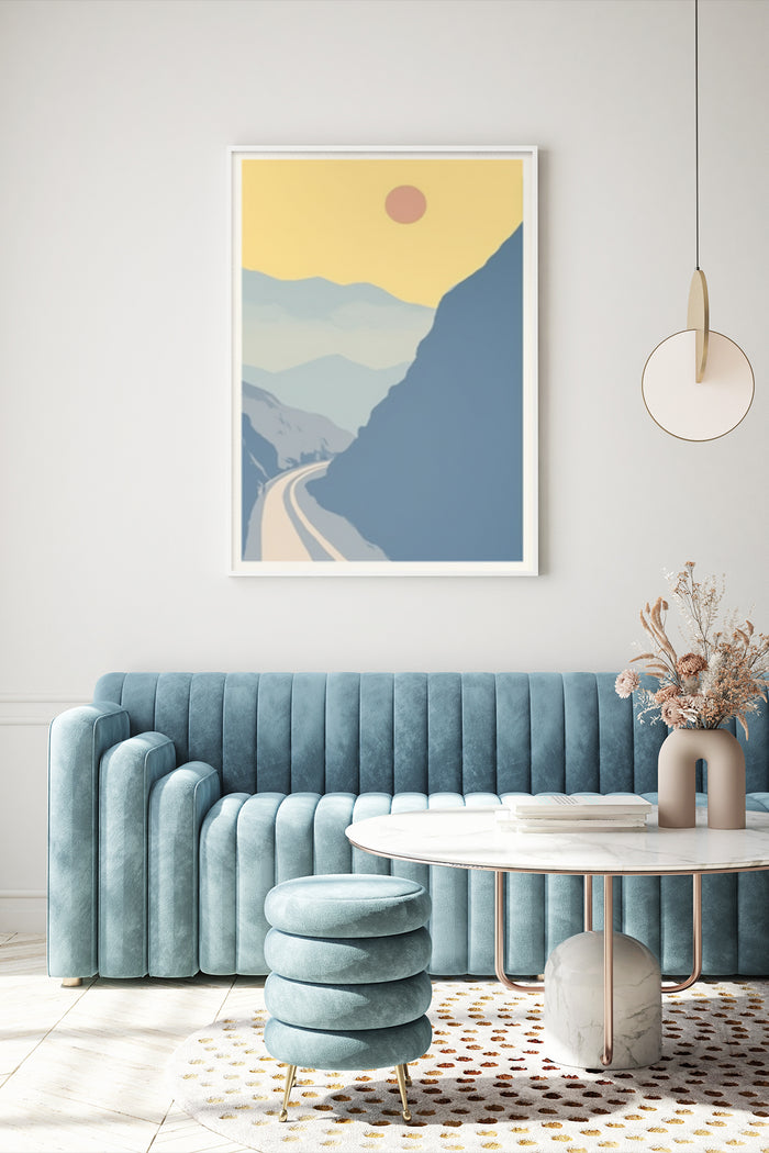 Stylish interior design with a modern minimalist mountain landscape poster on the wall