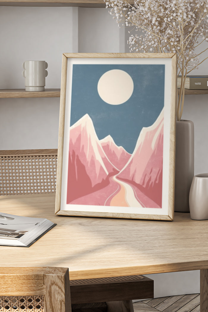 Stylish minimalist poster featuring abstract mountain landscape with pink tones and full moon