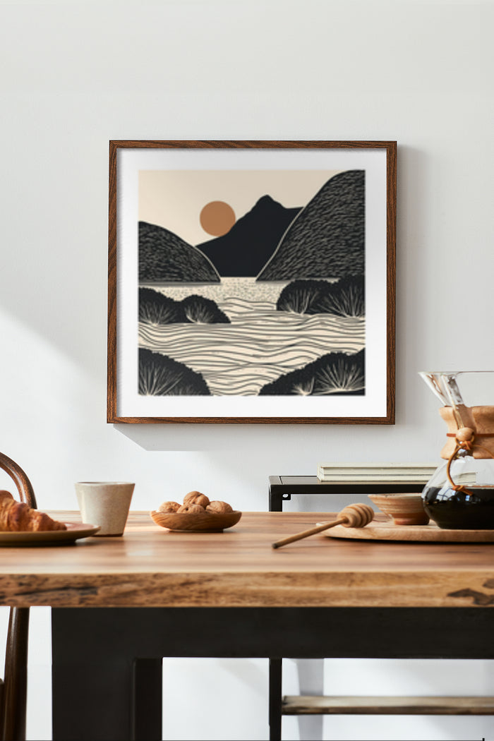 Modern minimalist artwork with stylized mountains and sunrise in a wooden frame on wall