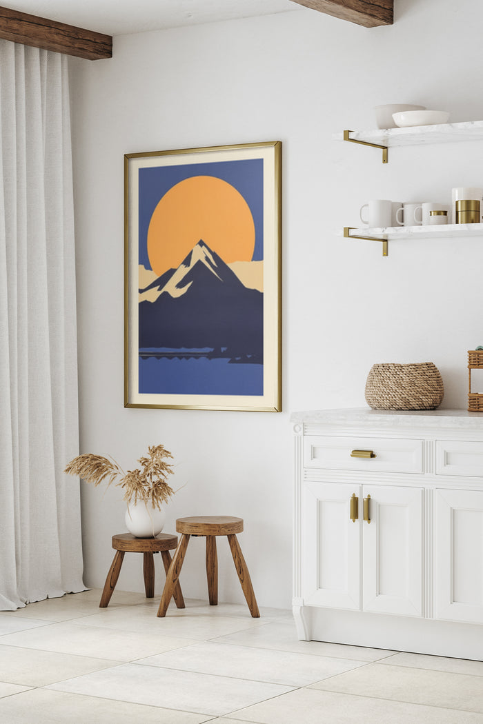Modern minimalist artwork of a mountain silhouette against a sunset backdrop poster in a home decor setting