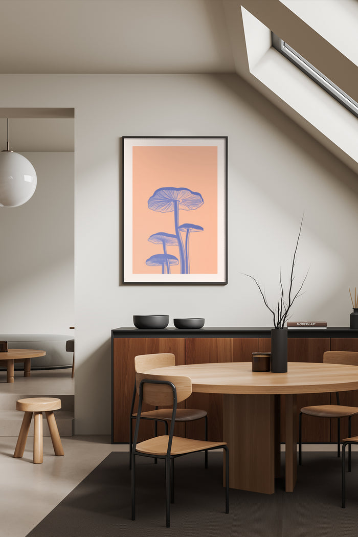 Minimalist mushroom artwork poster in a contemporary dining room setting