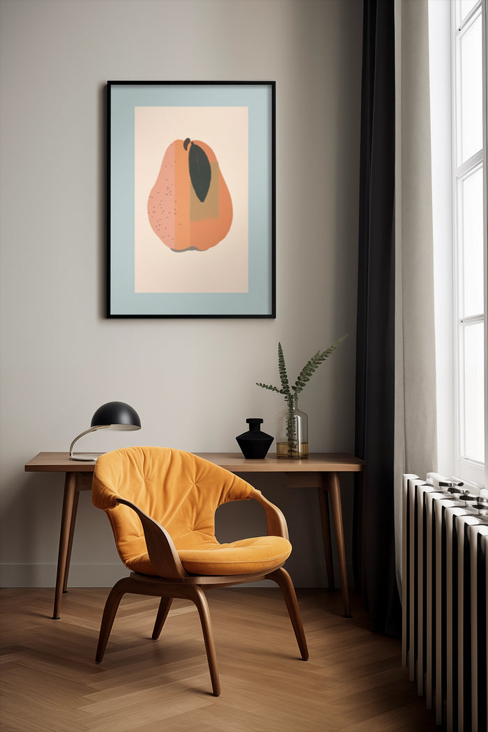 Contemporary minimalist poster of a stylized pear in a chic room with a mustard accent chair and wooden furniture