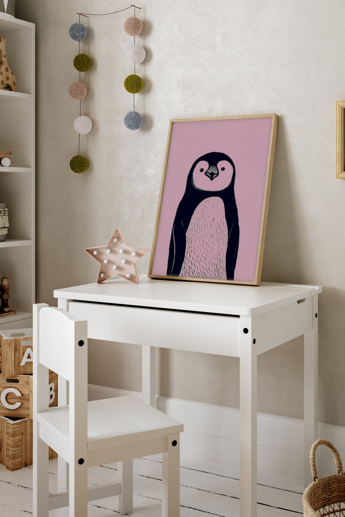 Modern Minimalist Penguin Art Poster in Children's Bedroom Interior