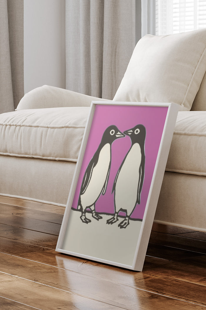 Stylish modern minimalist penguin illustration poster in a living room setting