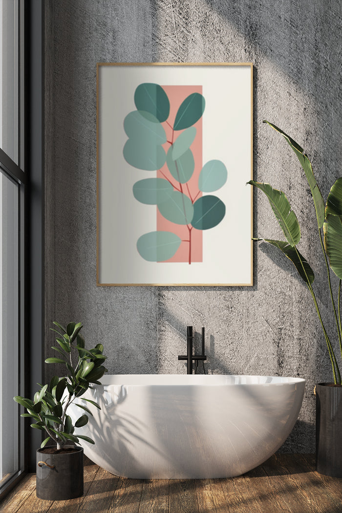 Minimalist green leaf artwork in elegant bathroom interior