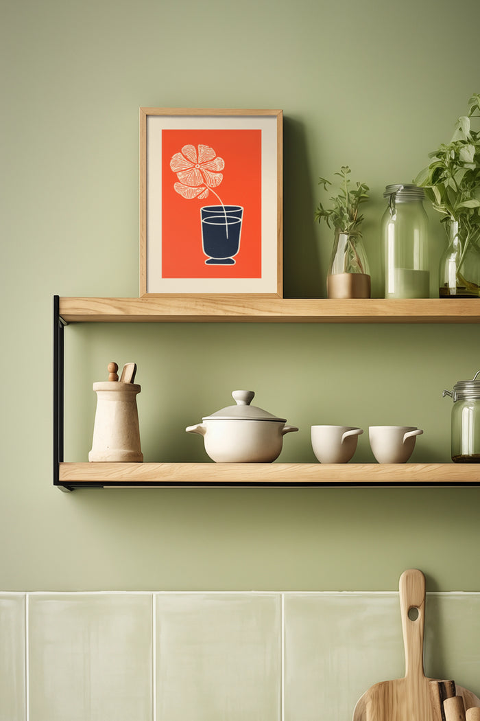 Modern minimalist framed poster of a plant illustration in a kitchen setting with wooden shelves and ceramic utensils