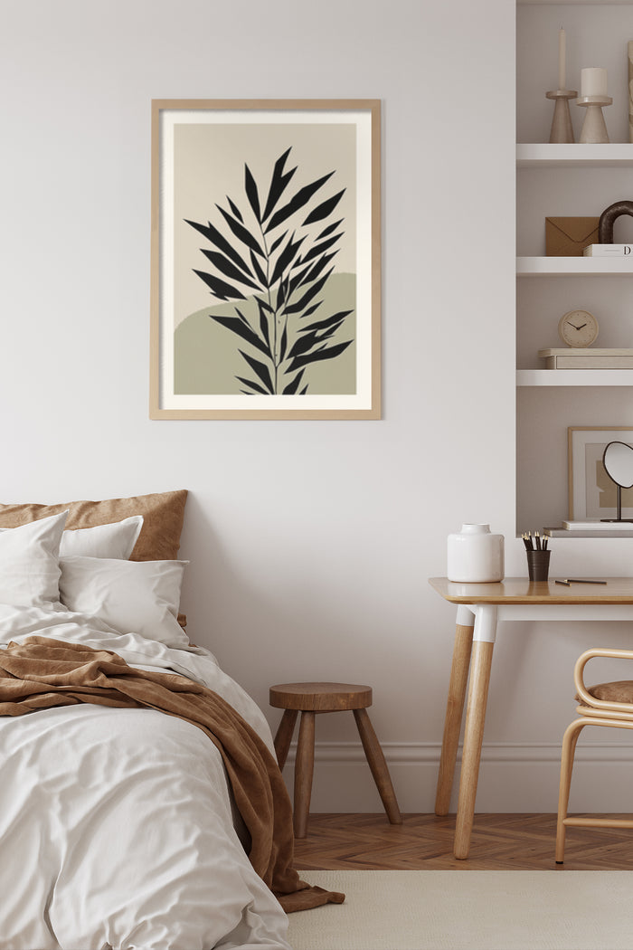 Modern minimalist black and white plant poster in a cozy bedroom interior