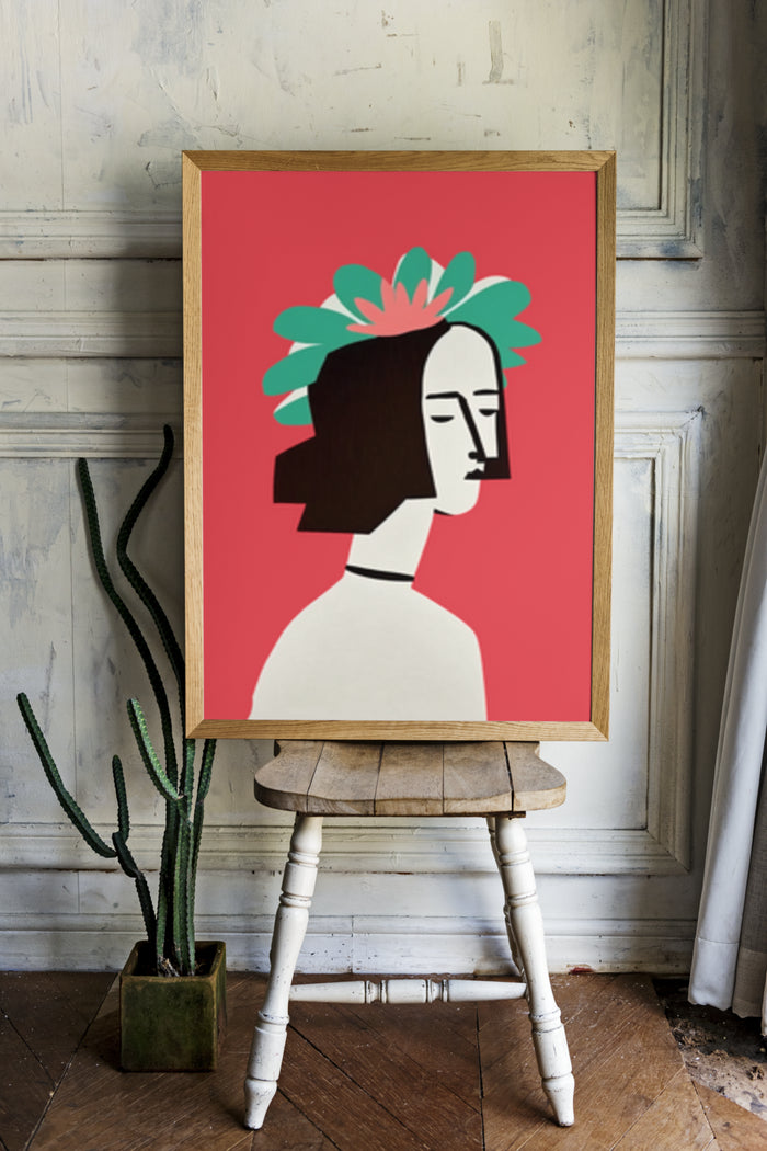 Stylized modern minimalist portrait artwork with red background displayed on easel