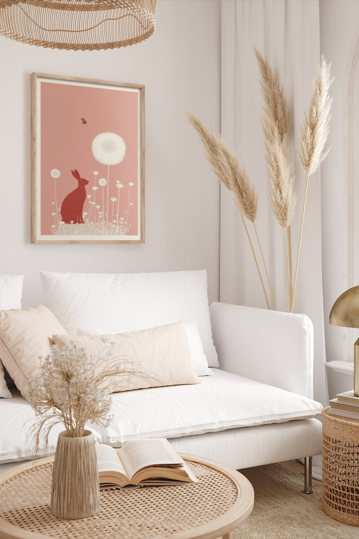 Modern Minimalist Rabbit and Dandelion Poster in a cozy interior setting