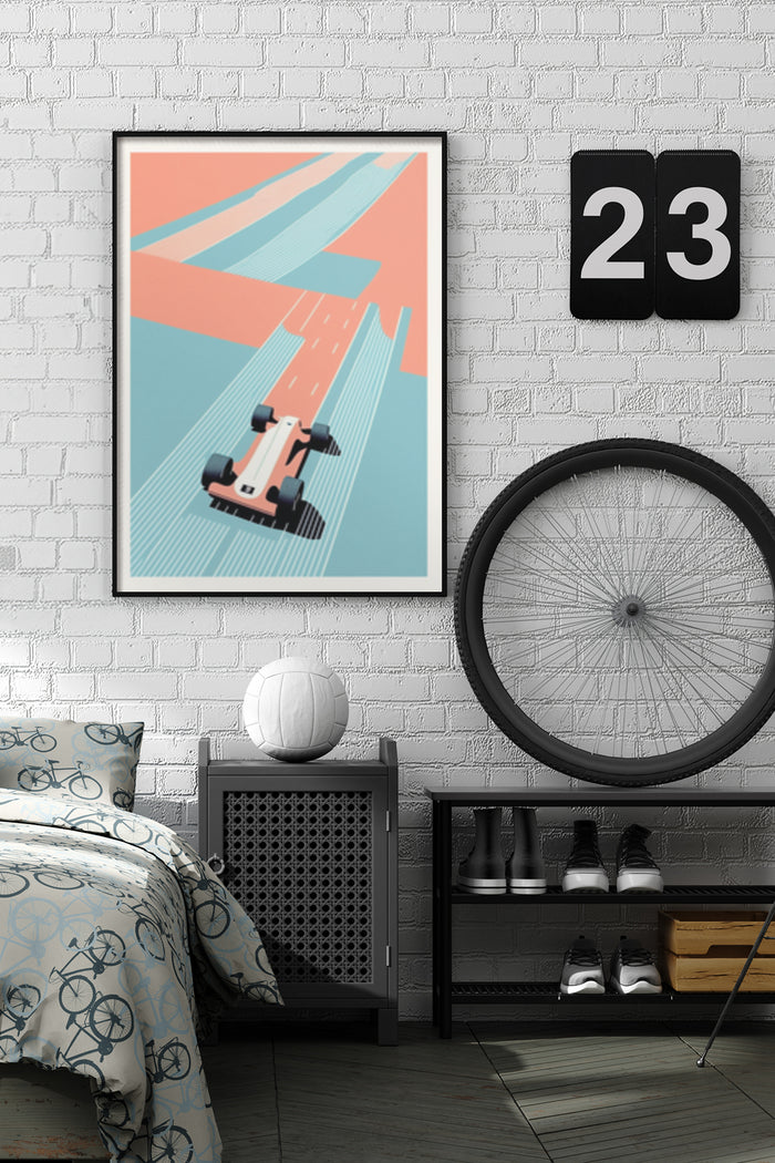Modern Minimalist Racing Car Poster in a Stylish Bedroom Setting