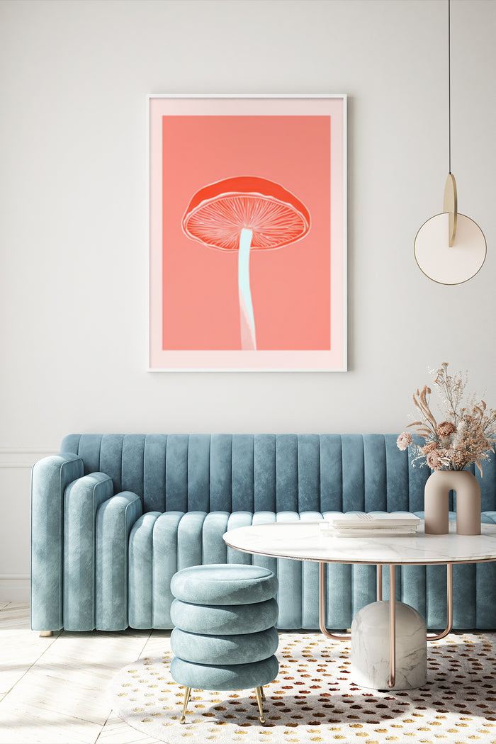 Contemporary red mushroom illustration poster on peach background in stylish living room