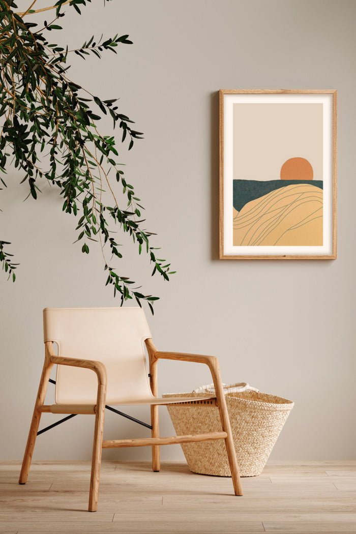 Scandinavian style interior with modern minimalist sunset landscape poster, leather armchair and straw basket