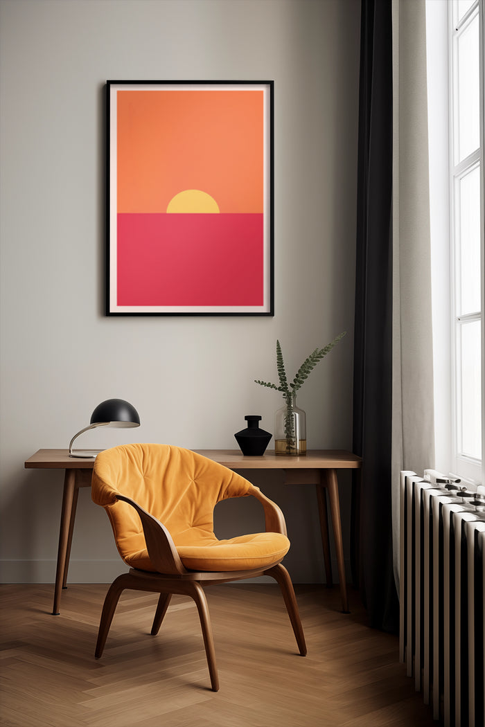 Stylish minimalist sunset poster framed on wall in a contemporary home decor with chic yellow chair and wooden desk