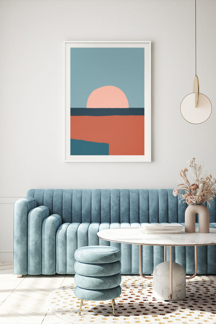 Modern minimalist artwork with sunset design displayed in a stylish living room setting