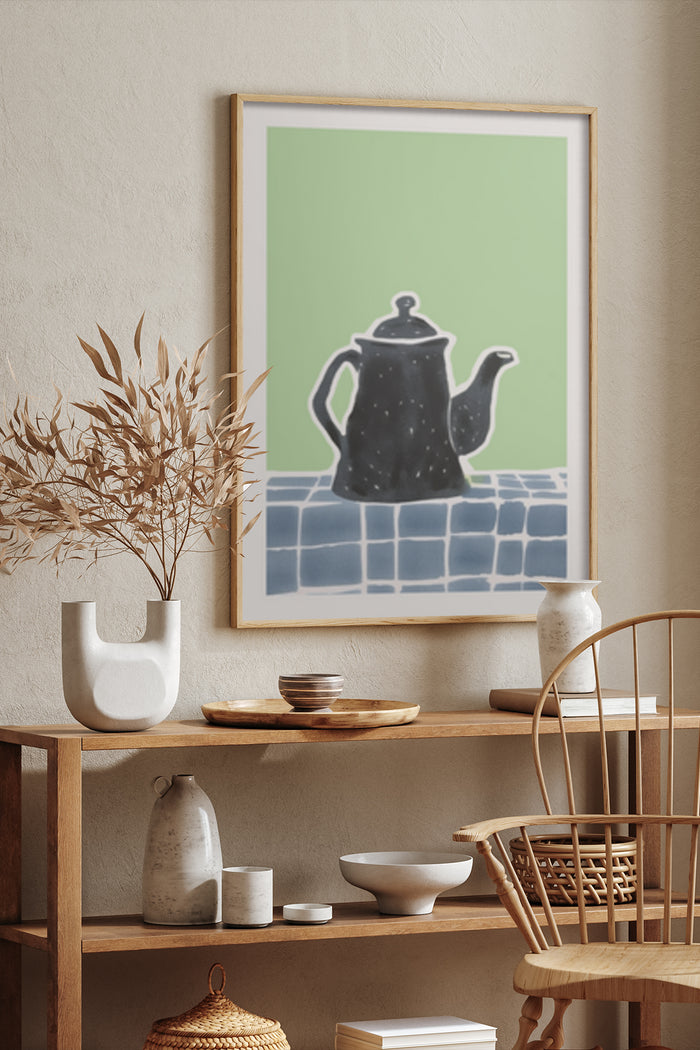 Modern minimalist black teapot illustration on green background, stylish home decor wall art