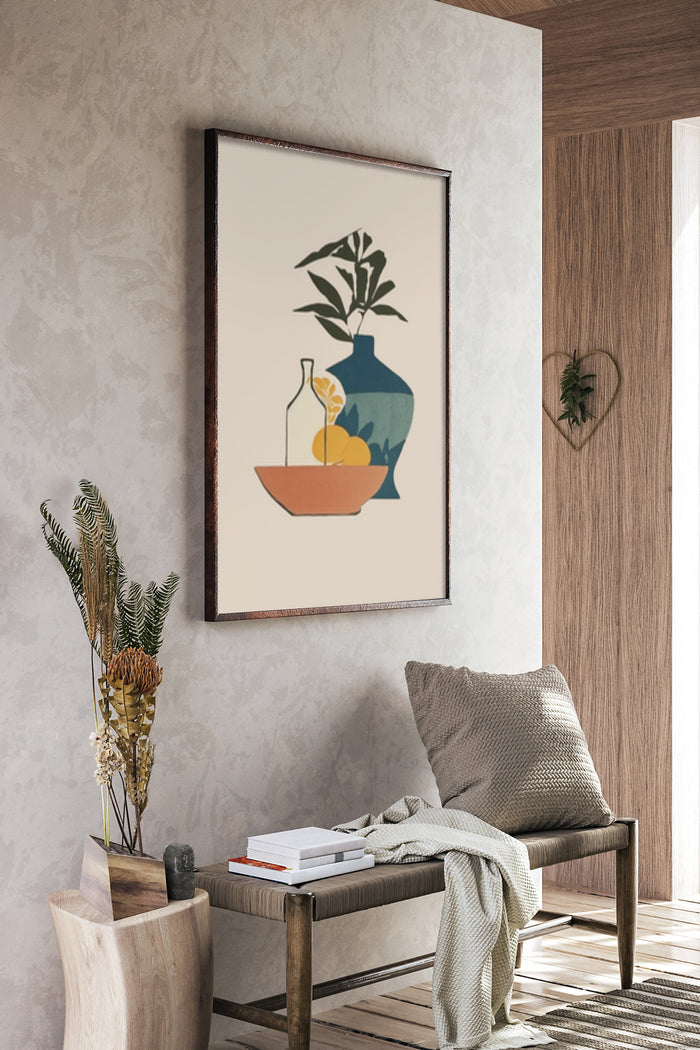 Modern minimalist interior with a framed still life poster of a vase, bottle, and fruit