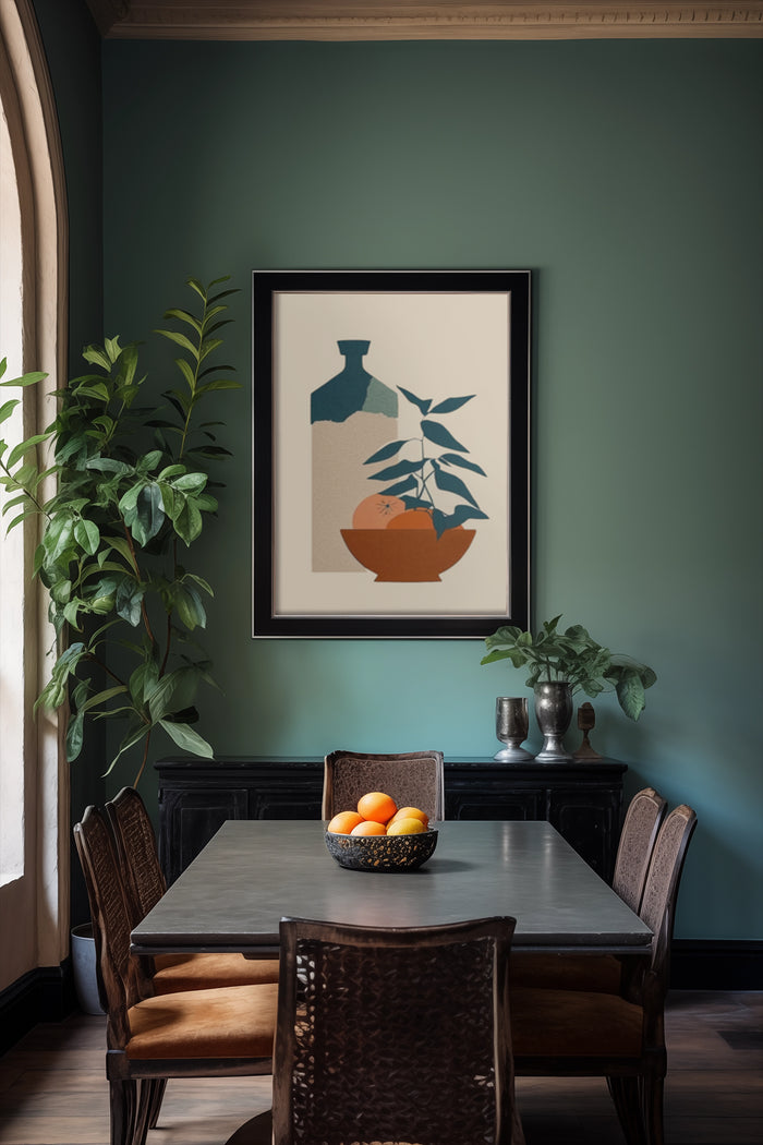 Contemporary minimalist artwork featuring a vase and plant in a stylish dining room interior