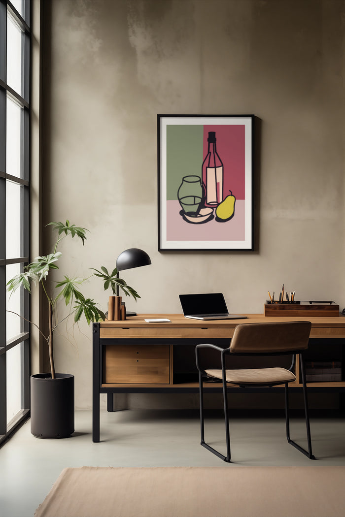 Stylish home office interior with modern minimalist poster featuring wine bottle, glass, and fruit