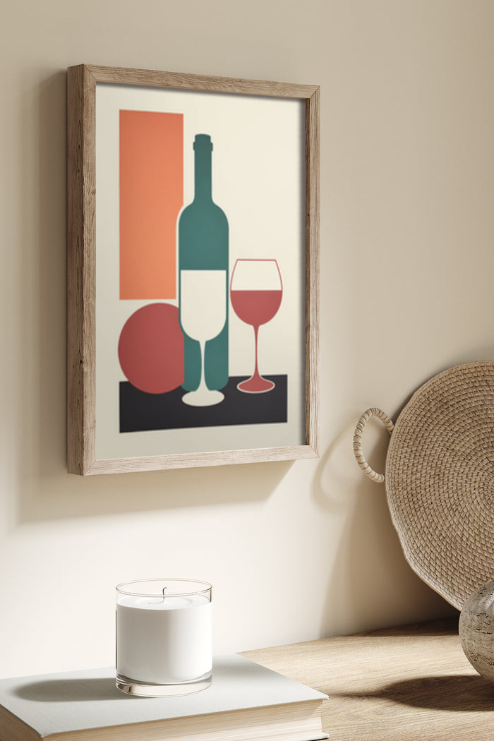 Modern Minimalist Wine Bottle and Glass Art Poster in Home Decor Setting