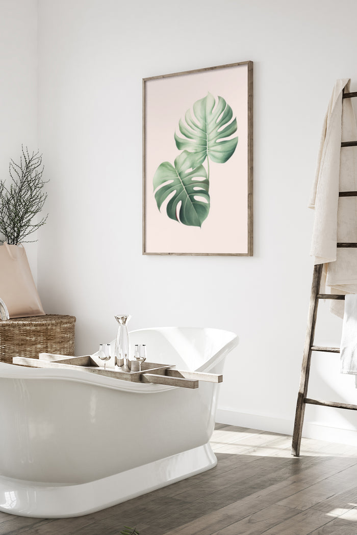 Elegant monstera leaf poster framed on a bathroom wall reflecting a modern and minimalist interior design style