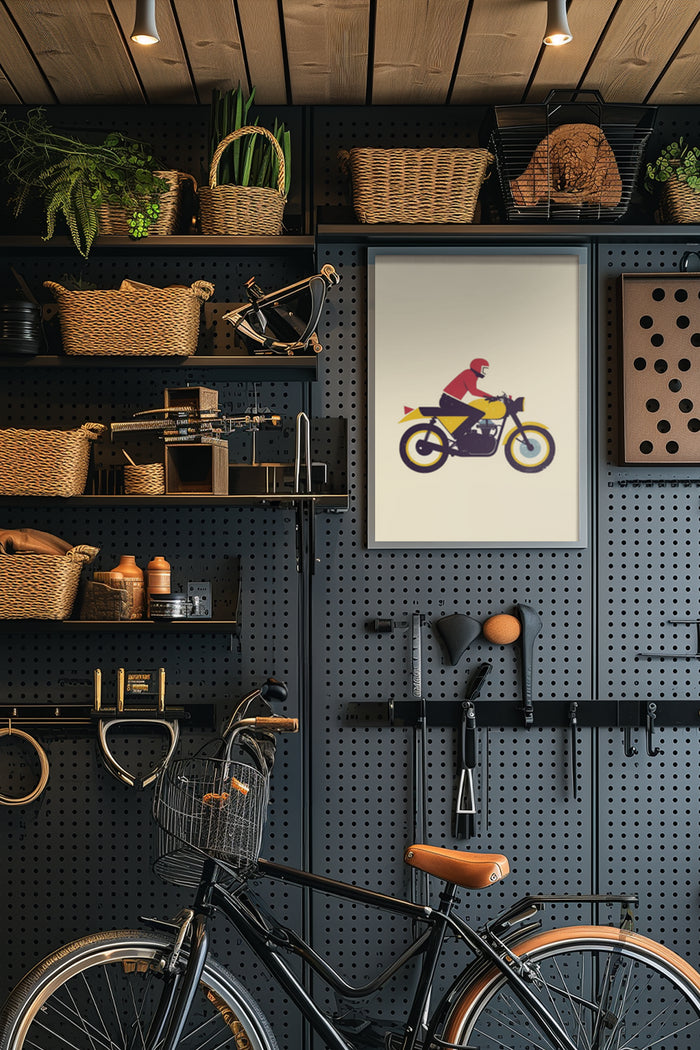 Minimalist modern motorcycle poster art displayed in a contemporary home interior with bicycle and decorative objects