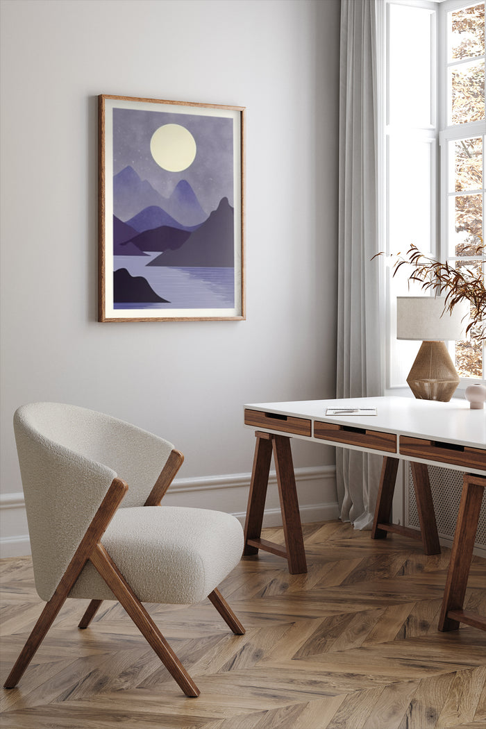 Stylish home office with modern mountain landscape poster on the wall